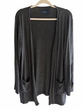 Polo Ralph Lauren Logo Gray Open Front Cardigan Lounge Sweater Women’s Sz Medium